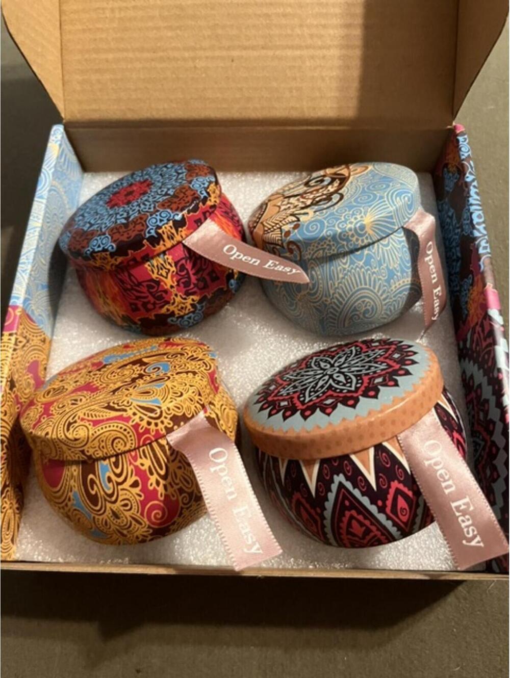 Set of 4 Decorative Scented Candles in Patterned Containers Brand NEW